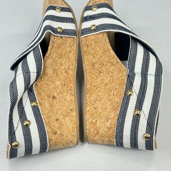 SHOEDAZZLE Womens 8 Abigail Wedge Sandals Black White Stripe Cork Platforms Cute - Picture 5 of 10